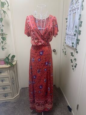 No Boundaries Red Floral Wrap Maxi Dress
